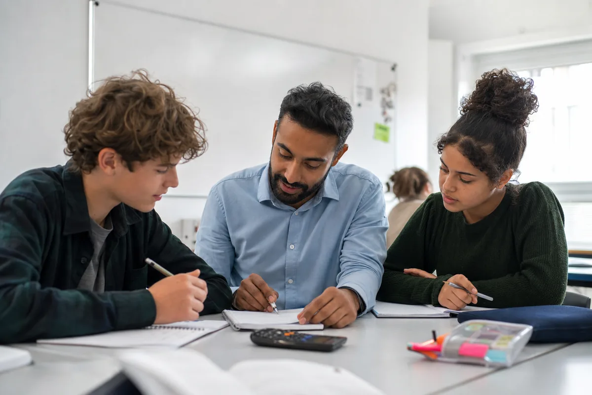 GCSE students revising with a tutor in a classroom