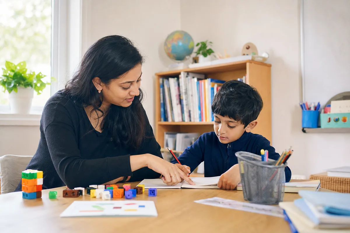 A primary-aged pupil working with a tutor at a table