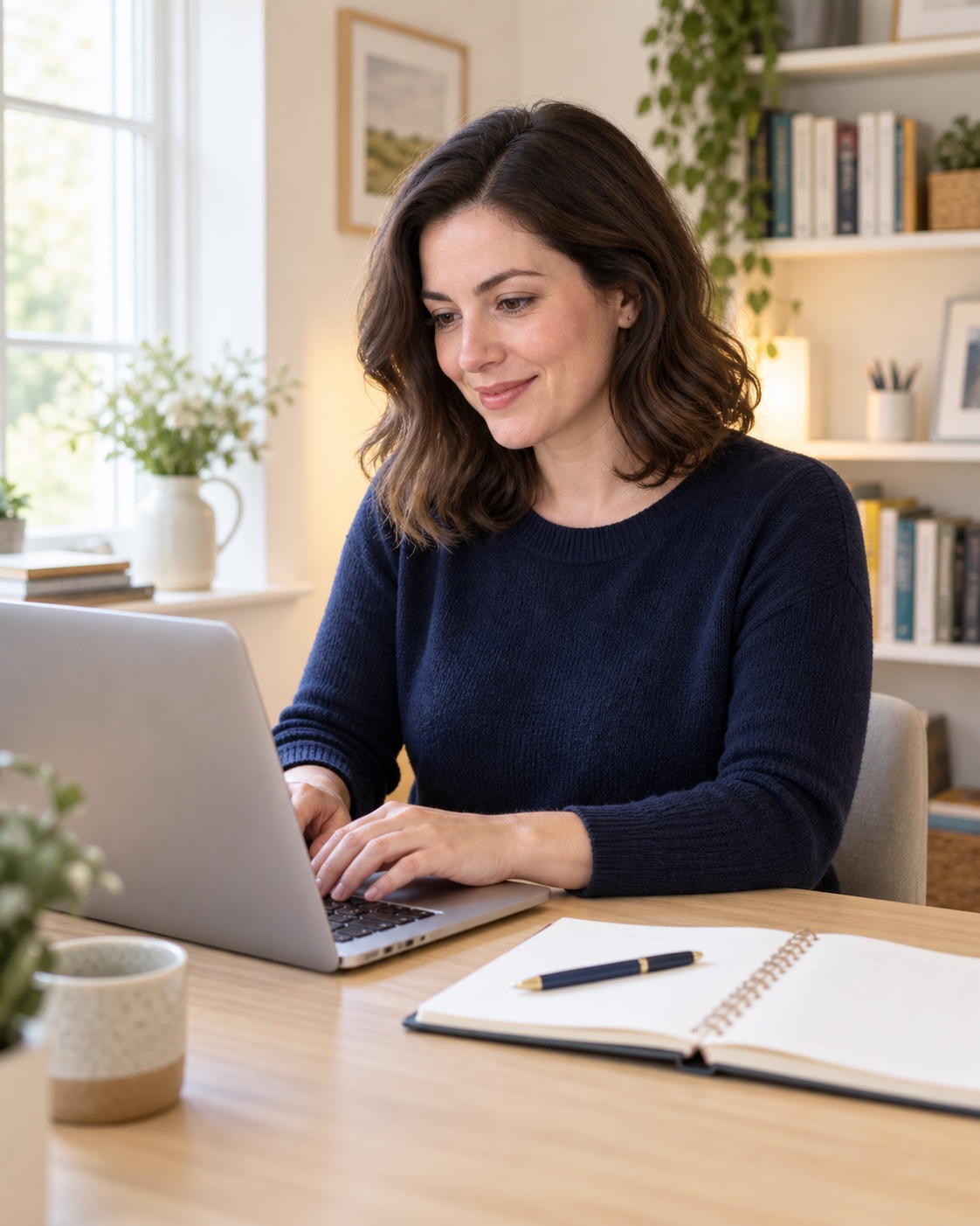 A tutor planning her independent tutoring business at a laptop in a bright home study