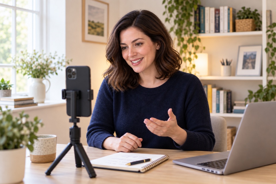 The tutor recording a friendly business introduction using a phone on a desk tripod