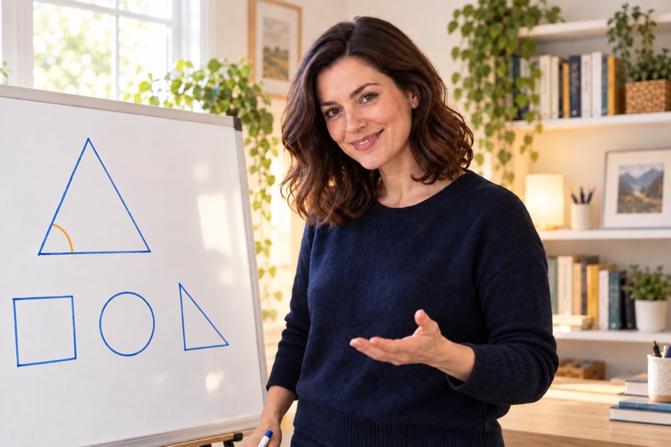 The tutor bringing a geometry lesson to life with a whiteboard and a welcoming smile