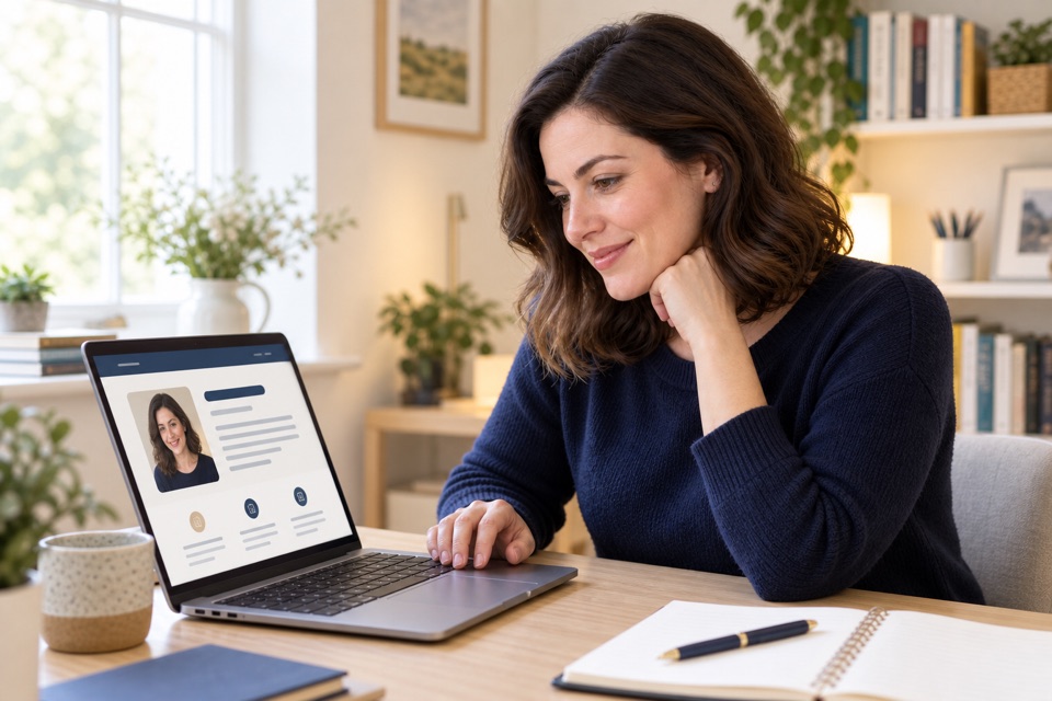 The same tutor reviewing her professional tutor website on a laptop